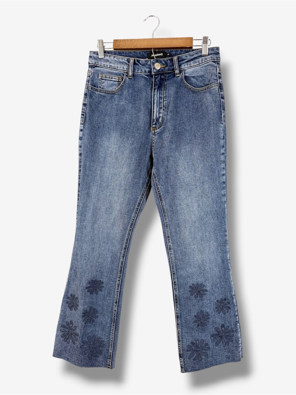 Desigual Flocked Crop Flare Jeans Size 40 Dark Wash Embroidered Floral Boho
